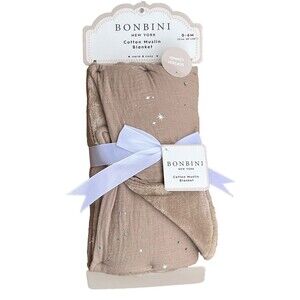 BONBINI Cotton Muslin Baby Blanket Reversible Soft Plush Taupe Gold Star…